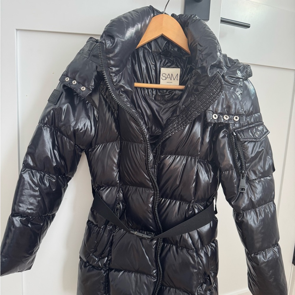 SAM. Black Puffer Coat with Belted Waist and High Collar